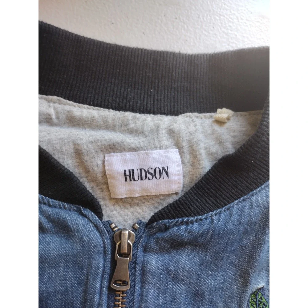 Hudson‎ Kids Girls Blue Denim Bomber Jacket Floral Rose Embroidery Size L Zip Up